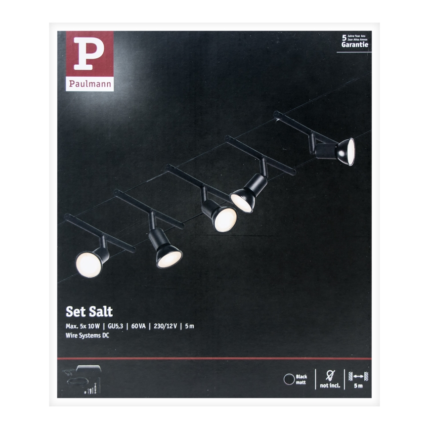 Paulmann 94446 - Komplet 5xGU5,3/10W Kompleten kabelski sistem SALT 230V črna