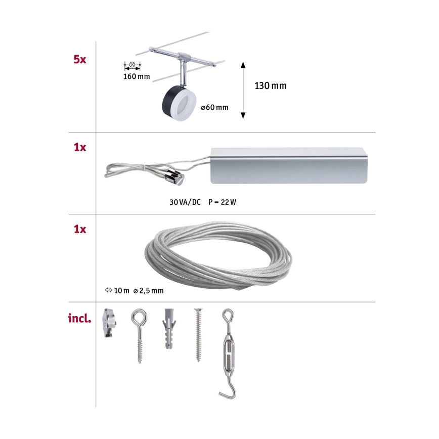 Paulmann 94457 - Komplet 5xLED/4W popoln kabelski sistem CLEAR 230V črna/sijajni krom