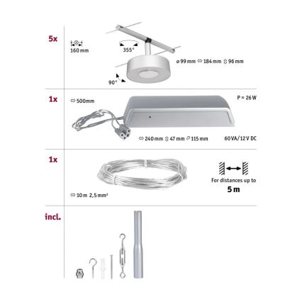 Paulmann 94475 - Komplet 5xLED/5W, popoln kabelski sistem CIRCLE 230V, matni krom