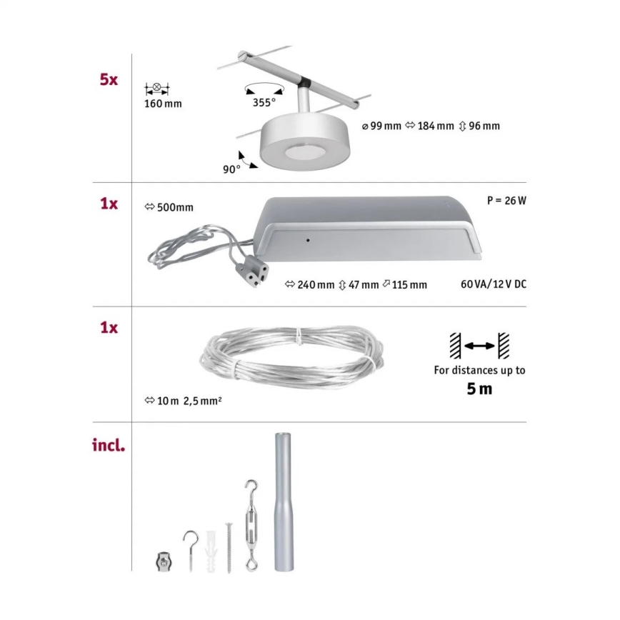 Paulmann 94475 - Komplet 5xLED/5W, popoln kabelski sistem CIRCLE 230V, matni krom