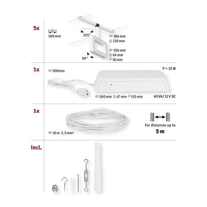 Paulmann 94483 - KOMPLET 5xLED/4,8W Kompleten sistem z napetim kablom FRAME 230V bela