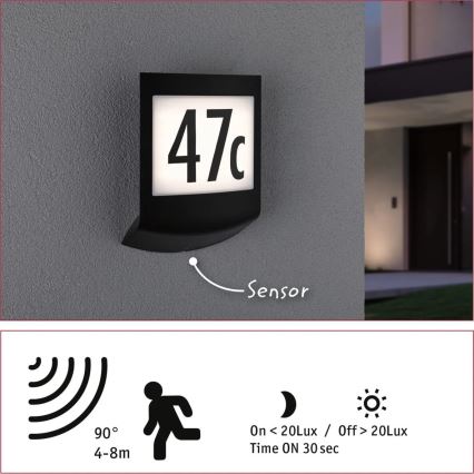 Paulmann 94513 - RGBW LED/8,2W IP44 Hišna številka z možnostjo zatemnitve, s senzorjem gibanja in mraka PADEA 230V antracit
