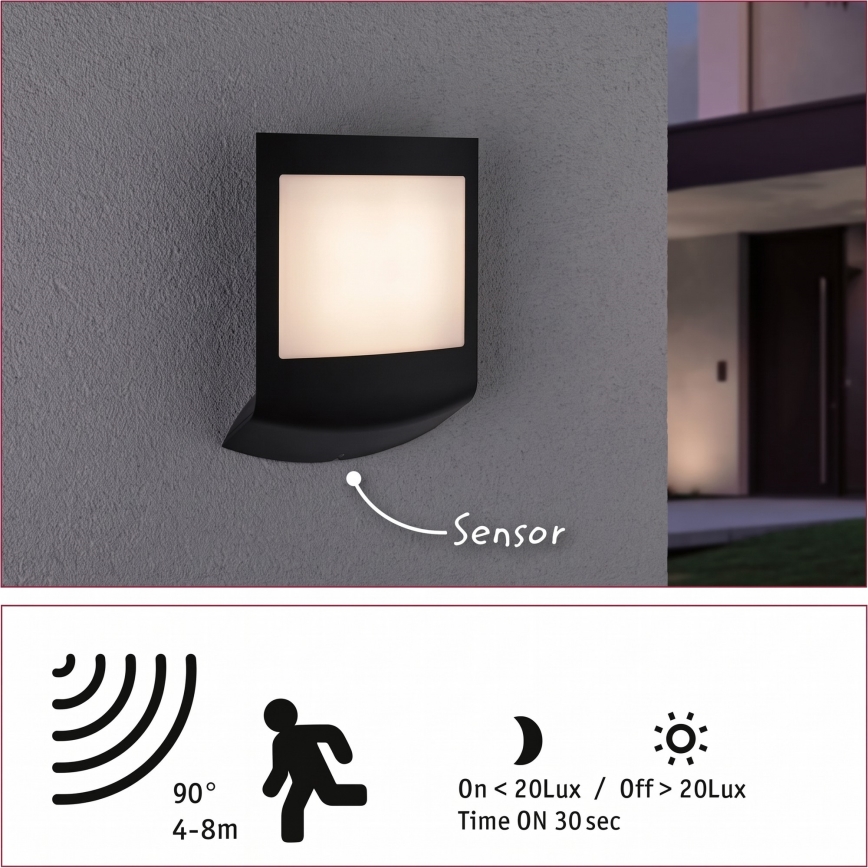 Paulmann 94513 - RGBW LED/8,2W IP44 Zatemnjiva zunanja stenska svetilka s senzorjem gibanja in senzorjem mraka PADEA 230V antracit