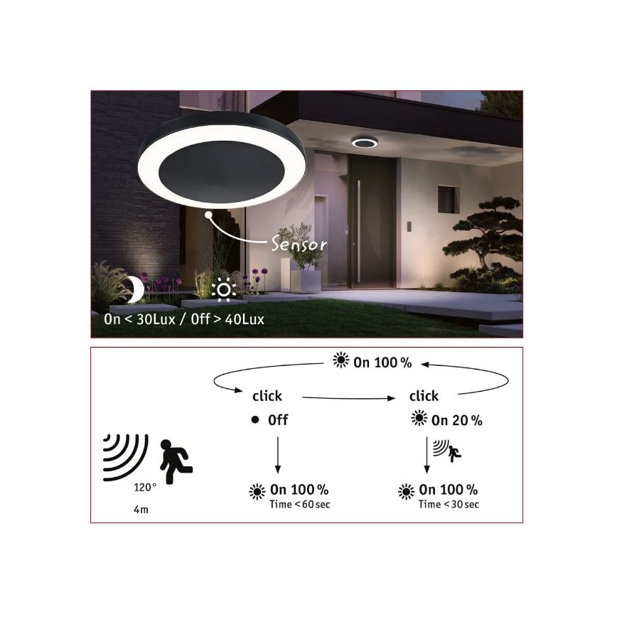Paulmann 94526 - LED/14W IP44 Zunanja stropna svetilka s senzorjem CIRCULA 230V