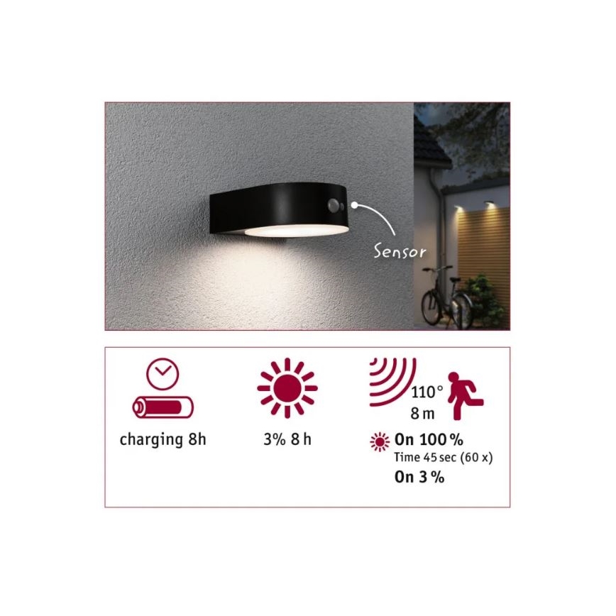 Paulmann 94570 - LED/5,5W IP44 Solarna stenska svetilka s senzorjem EILEEN 3,7V 2000 mAh