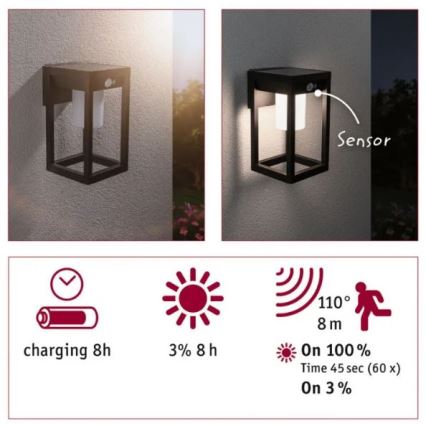 Paulmann 94572 -LED/5,5W IP44 Solarna stenska svetilka s senzorjem MARISOL 3,7V 2000 mAh