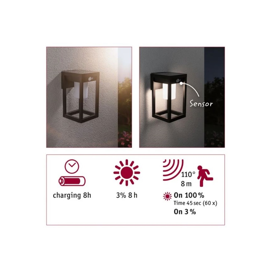 Paulmann 94572 -LED/5,5W IP44 Solarna stenska svetilka s senzorjem MARISOL 3,7V 2000 mAh