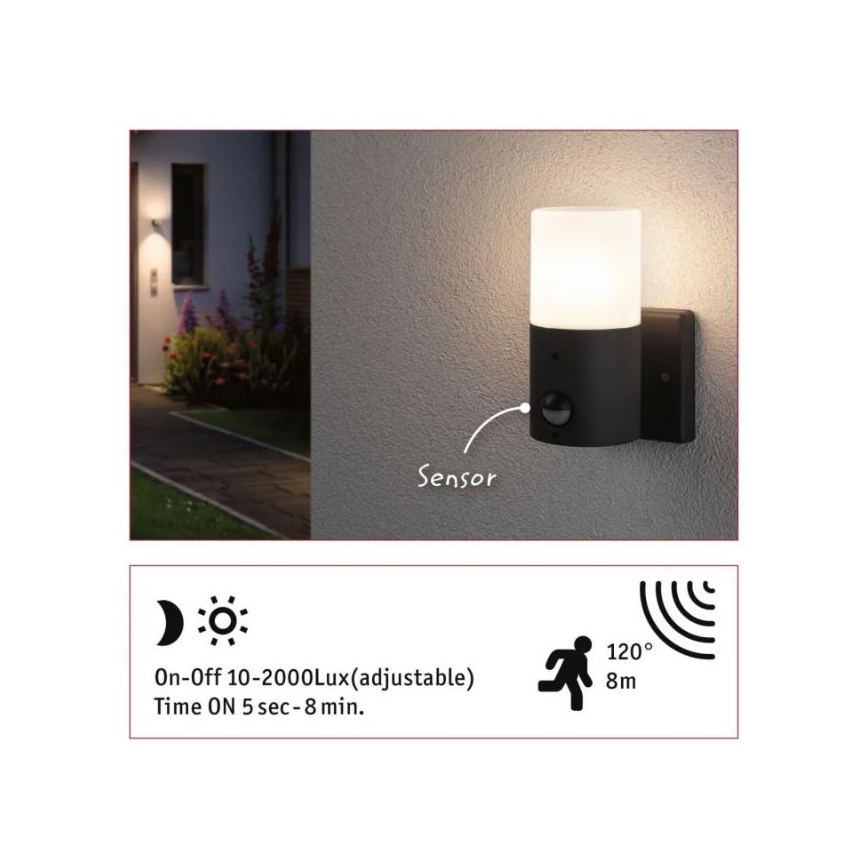 Paulmann 94648 - 1xE27/15W IP44 Zunanja stenska svetilka s senzorjem TUBS 230V