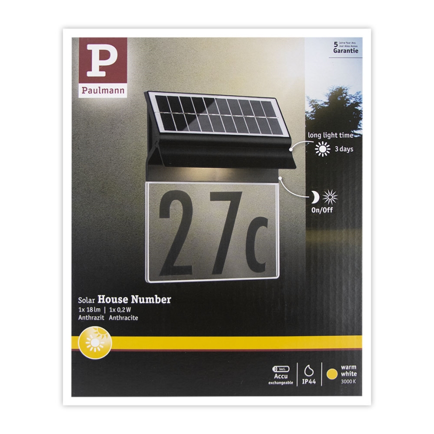 Paulmann 94694 - LED/0,2W IP44 Solarna hišna številka NEDA 3,7V 1800 mAh