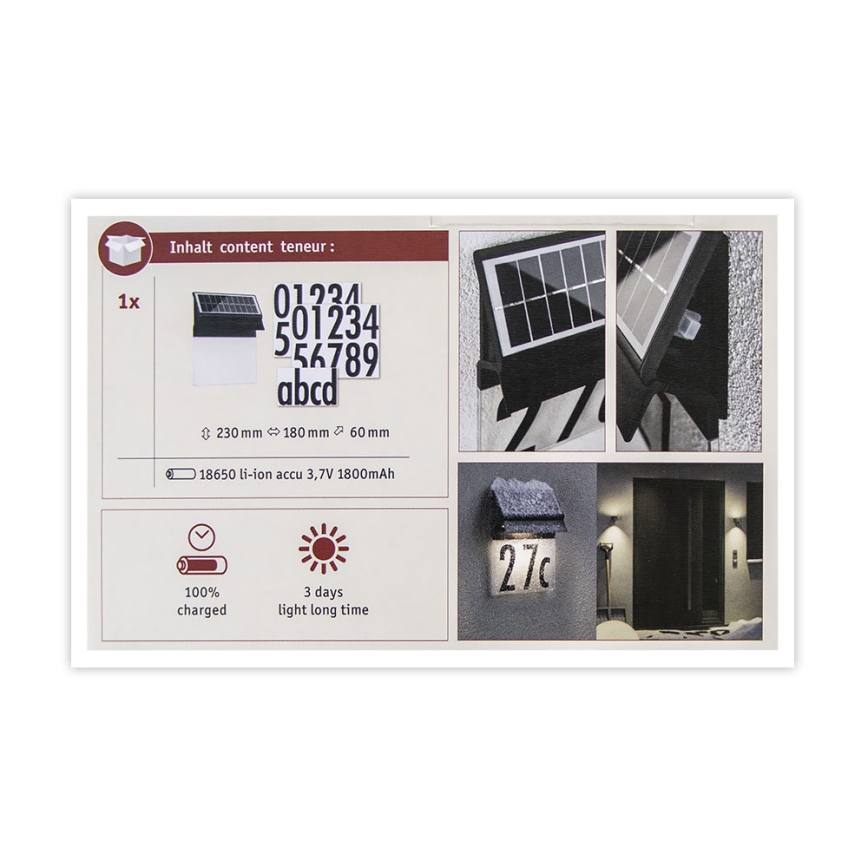 Paulmann 94694 - LED/0,2W IP44 Solarna hišna številka NEDA 3,7V 1800 mAh