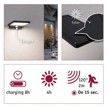 Paulmann 95393 - LED/4W IP44 Zatemnitvena solarna stenska svetilka s senzorjem SOLVEIG 3,7V 2000 mAh