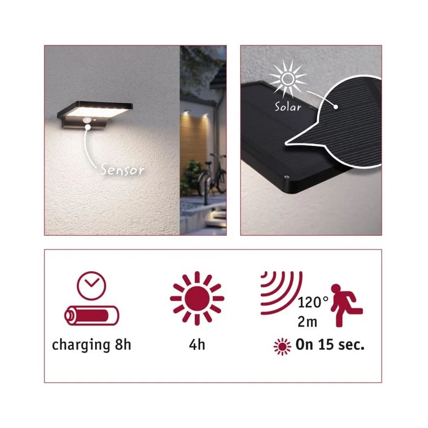 Paulmann 95393 - LED/4W IP44 Zatemnitvena solarna stenska svetilka s senzorjem SOLVEIG 3,7V 2000 mAh