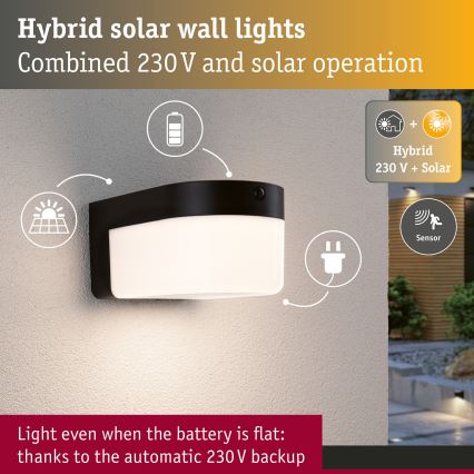 Paulmann 95747 - LED/2,3W IP44 Sončna stenska svetilka s senzorjem CALYNE 3,7/230V 4000 mAh črna