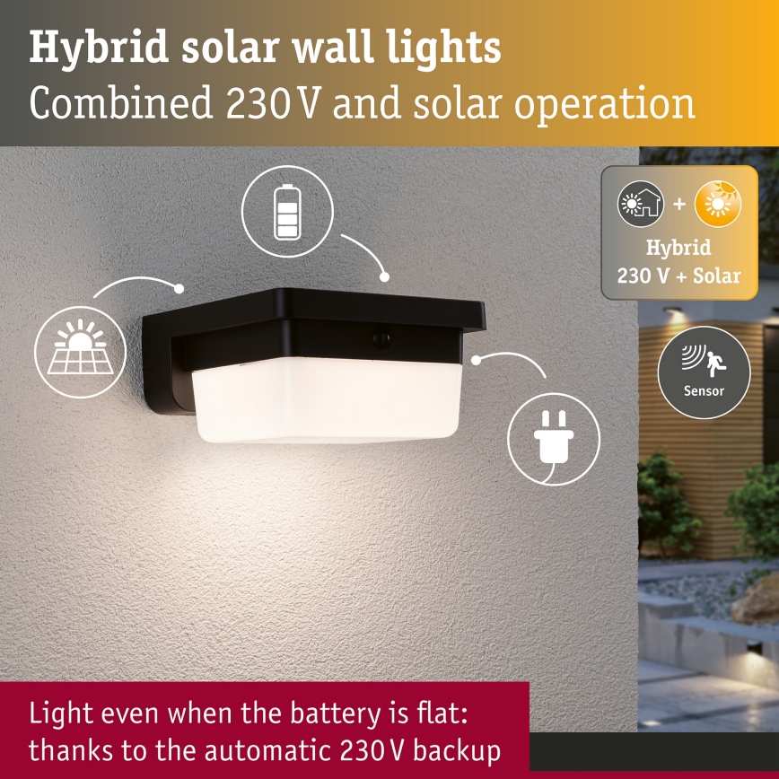 Paulmann 95748 - LED/2,3W IP44 Solarna stenska svetilka s senzorjem ISLEEN 3,7/230V 4000 mAh črna