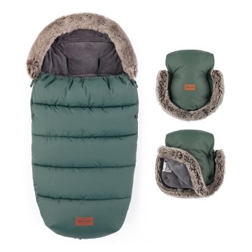 PETITE&MARS - komplet otroški fusak 4v1 COMFY + ročne mufke za voziček FURRY kaki