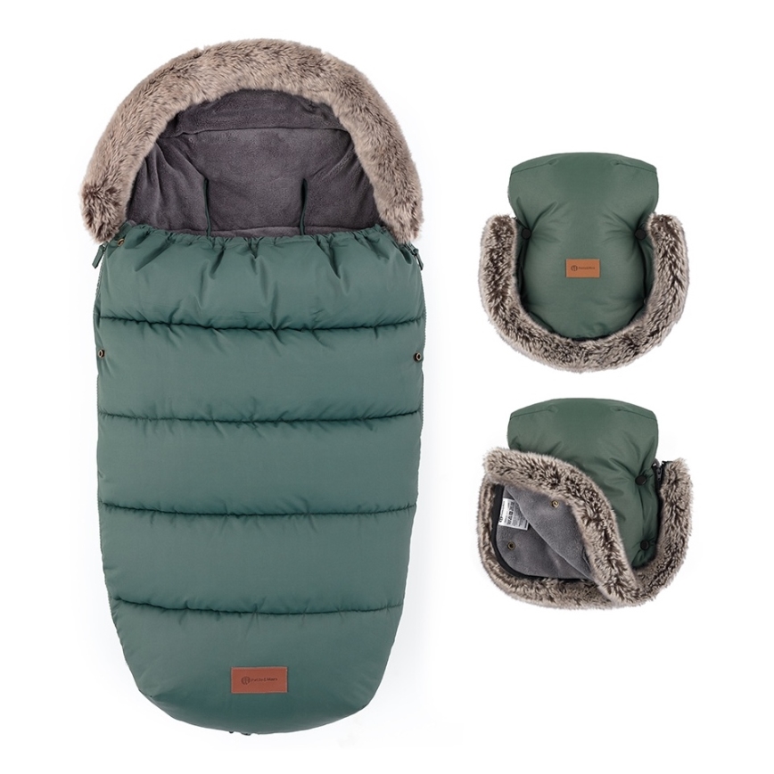 PETITE&MARS - komplet otroški fusak 4v1 COMFY + ročne mufke za voziček FURRY kaki
