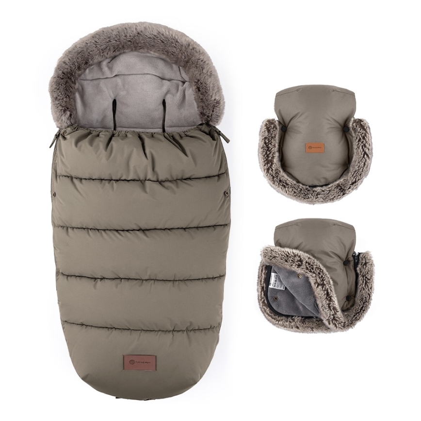 PETITE&MARS - SET Otroška spalna vreča 4 v 1 COMFY + mufke za voziček FURRY Mocha Mousse