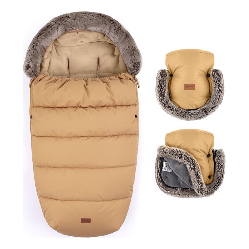 PETITE&MARS - SET Otroška spalna vreča 4v1 COMFY + rokavičke za voziček FURRY Elegant Caramel