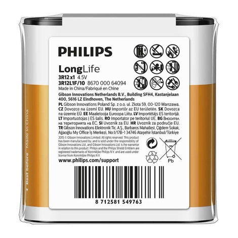 Philips 3R12L1F/10 - Cink-kloridna baterija 3R12 LONGLIFE 4,5V