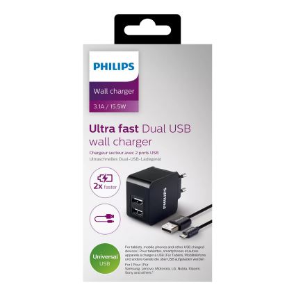 Philips DLP2307U/12 - Polnilni adapter 2xUSB/15,5W/230V + kabel micro USB 1m