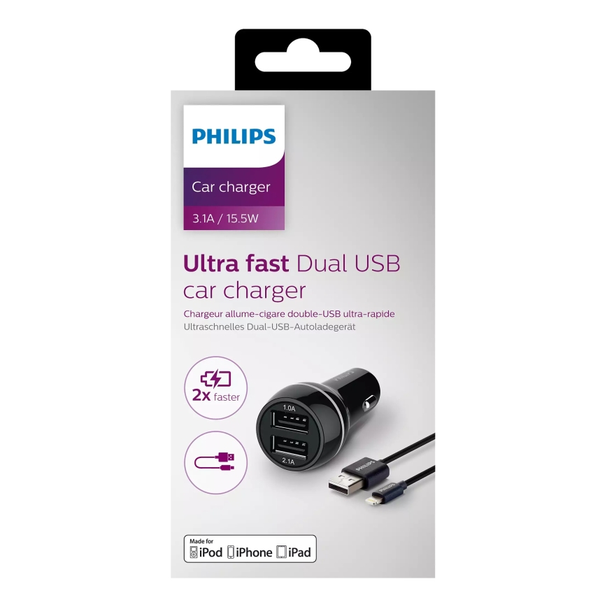 Philips DLP2357V/10 - Avto polnilec 2xUSB/12V + kabel USB/lightning priključek