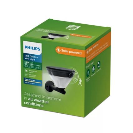 Philips - LED solarna stenska svetilka s senzorjem KYNA LED/3,8W/3,7V 800 mAh 2700K IP44 črna