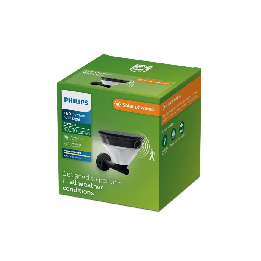 Philips - LED solarna stenska svetilka s senzorjem KYNA LED/3,8W/3,7V 800 mAh 2700K IP44 črna
