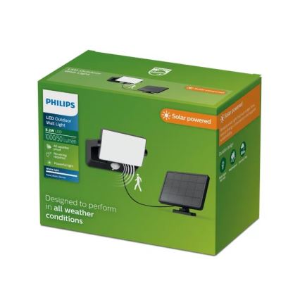 Philips - LED sončni stenski reflektor s senzorjem FYNS LED/8,2W/3,7V 2600 mAh 3000K IP44 črna