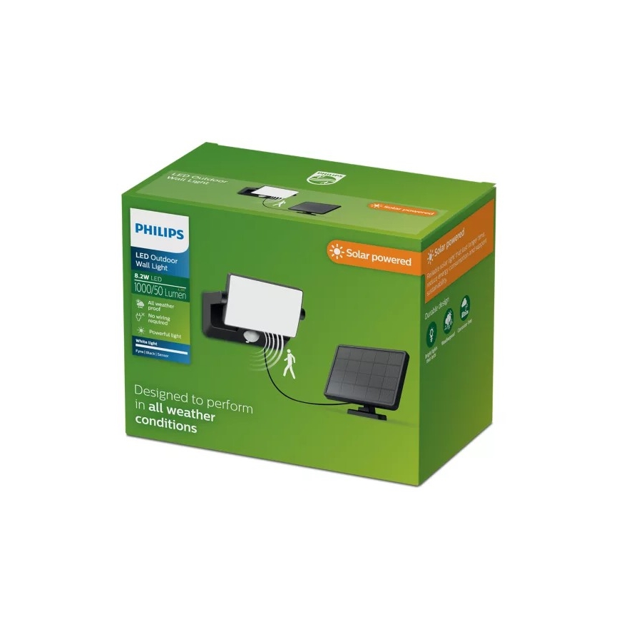 Philips - LED sončni stenski reflektor s senzorjem FYNS LED/8,2W/3,7V 2600 mAh 3000K IP44 črna
