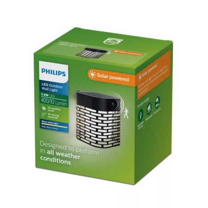 Philips - LED sončna stenska svetilka s senzorjem HARA LED/3,8W/3,7V 800 mAh 2700K IP44 črna