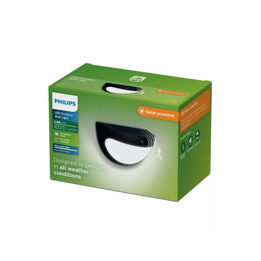 Philips - LED solarna stenska svetilka s senzorjem SWYN LED/3,8W/3,7V 800 mAh 2700K IP44 črna