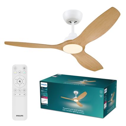 Philips - LED zatemljiv stropni ventilator OLAS LED/24W/230V Ø 132 cm bela/rjava + daljinski upravljalnik