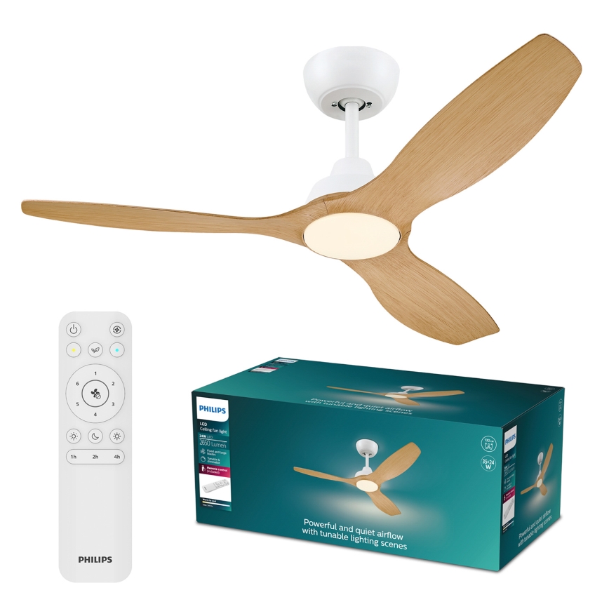 Philips - LED zatemljiv stropni ventilator OLAS LED/24W/230V Ø 132 cm bela/rjava + daljinski upravljalnik