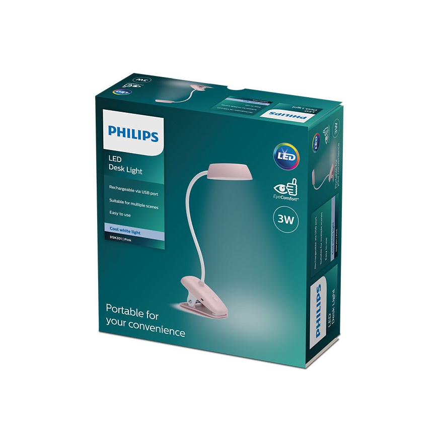 Philips - LED Zatemnitvena svetilka s sponko DONUTCLIP LED/3W/5V 1200 mAh CRI 90 roza