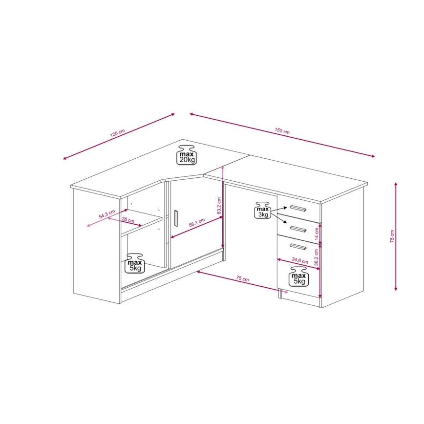 Pisalna miza s polico in predali ROBERTO desna hrast artisan/bela