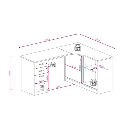Pisalna miza z policami in predali ROBERTO, desna, hrast Artisan/bela