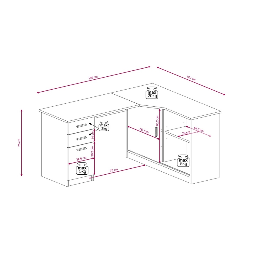 Pisalna miza z policami in predali ROBERTO, desna, hrast Artisan/bela