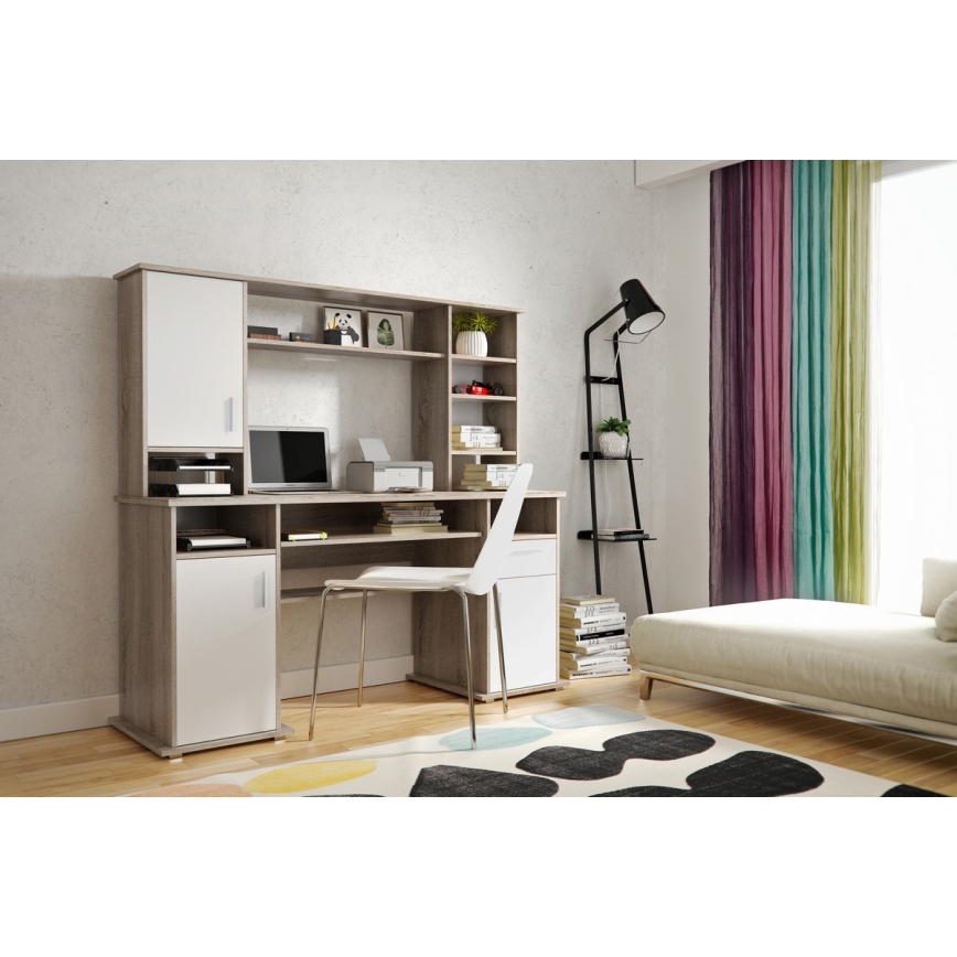 Pisalna miza z polico ELIAN, hrast sonoma, siva/bela