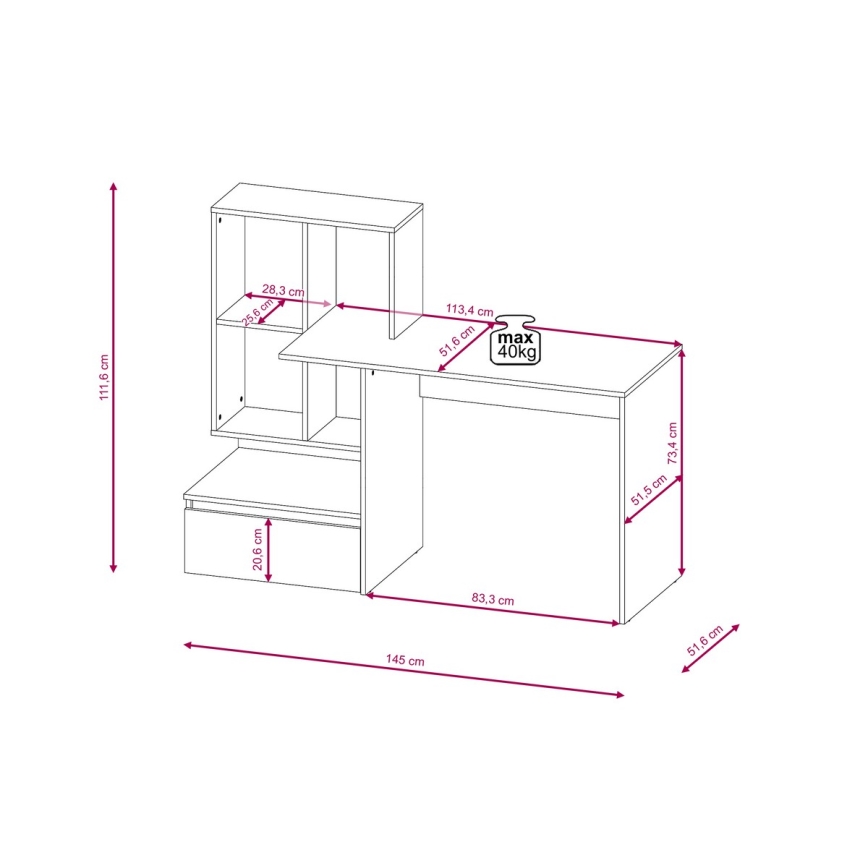Pisalna miza z polico MARLO, betonsko siva/bela