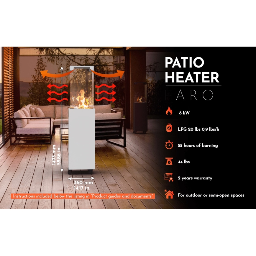 Planika - Zunanji plinski kamin 142x36 cm 8kW 1xAAA bela + zaščitni pokrov