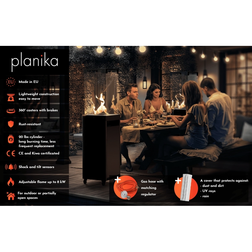 Planika - Zunanji plinski kamin 142x36 cm 8kW 1xAAA črna + zaščitna prevleka
