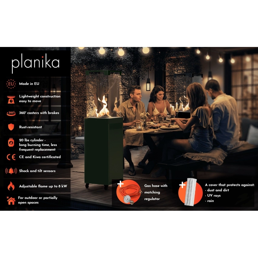 Planika - Zunanji plinski kamin 142x36 cm 8kW 1xAAA zelena + zaščitni pokrov