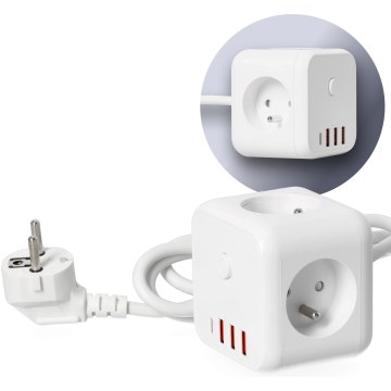 Podaljšek kocka s stikalom LINEA 3x230V + 4xUSB A/C bela