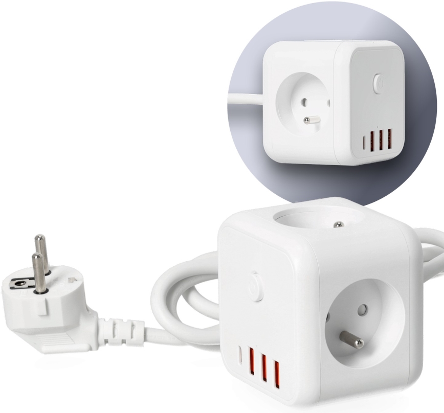 Podaljšek kocka s stikalom LINEA 3x230V + 4xUSB A/C bela