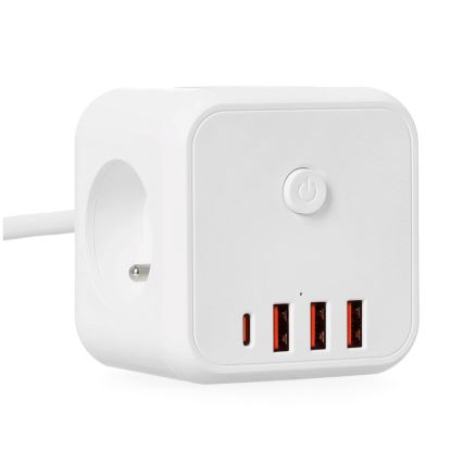 Podaljšek kocka s stikalom LINEA 3x230V + 4xUSB A/C bela