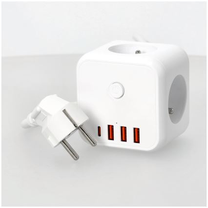 Podaljšek kocka s stikalom LINEA 3x230V + 4xUSB A/C bela