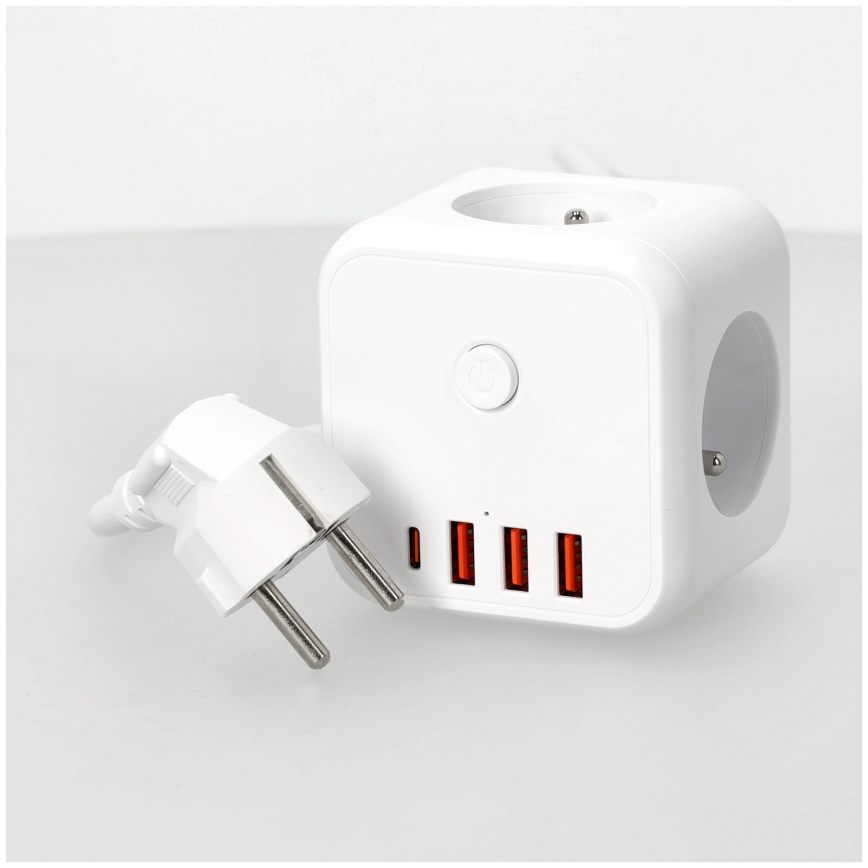 Podaljšek kocka s stikalom LINEA 3x230V + 4xUSB A/C bela
