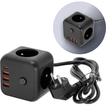 Podaljšek kocka s stikalom LINEA 3x230V + 4xUSB A/C črna