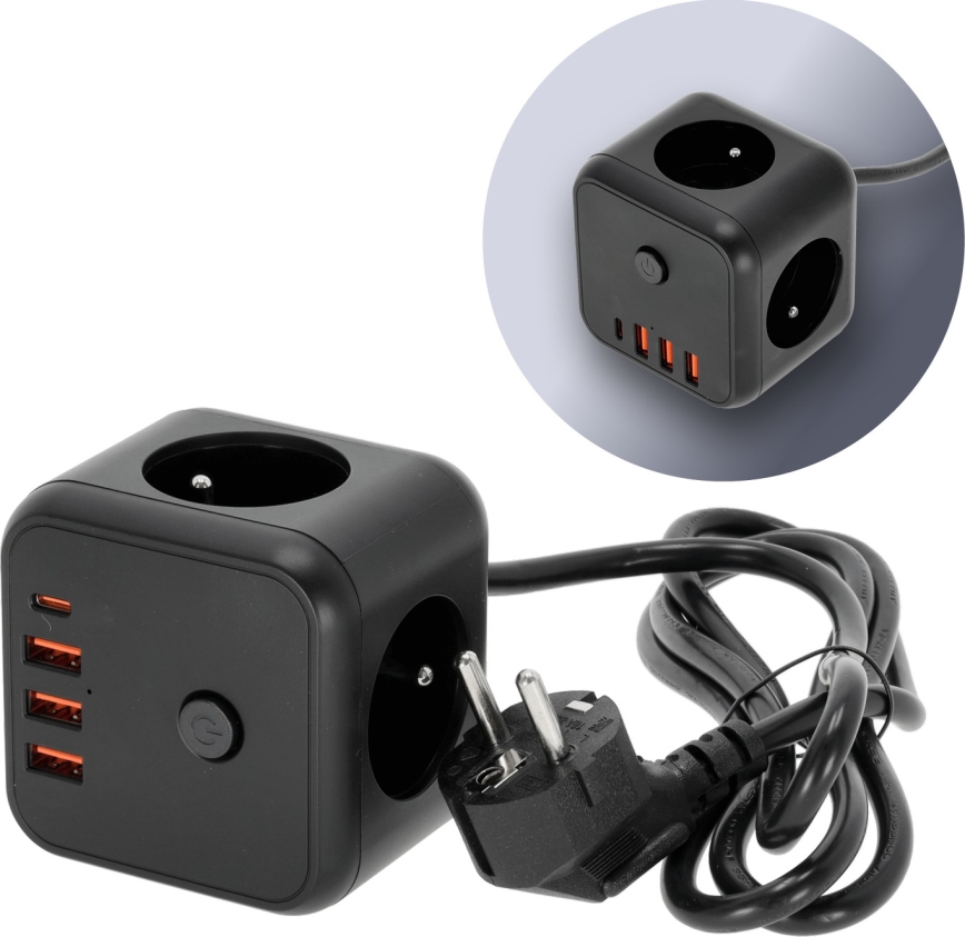 Podaljšek kocka s stikalom LINEA 3x230V + 4xUSB A/C črna