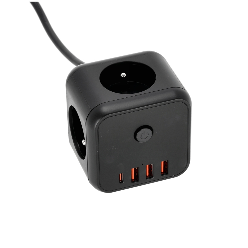Podaljšek kocka s stikalom LINEA 3x230V + 4xUSB A/C črna